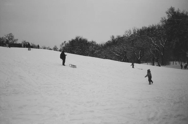 Vinterbesökare på en snötäckt kulle i Budapest